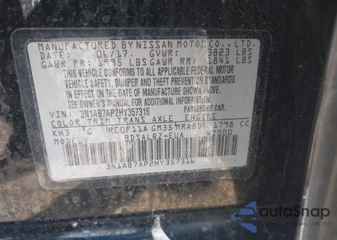 2017 Nissan Sentra S z USA, uszkodzony, nr VIN 3N1AB7AP2HY357316
